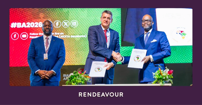 (L-R) Yomi Ademola, Chairman, West Africa at Rendeavour; Stephen Jennings, Founder and CEO of Rendeavour; and H.E. Wamkele Mene, Secretary-General of the AfCFTA Secretariat, during the signing ceremony of the partnership between the African Continental Free Trade Area (AfCFTA) Secretariat and Rendeavour at Biashara Afrika 2026 in Lomé, Togo.