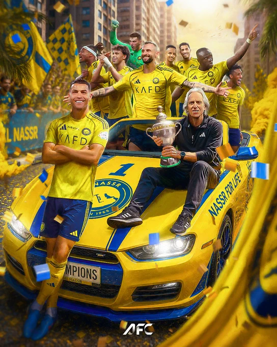 A football team celebrating their victory in a city parade, featuring players and a coach on a yellow sports car, surrounded by cheering fans and confetti.