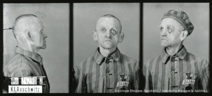 A mugshot registration photograph from Auschwitz. A man with a shaved head wearing a striped uniform photographed in three positions (profile and front with bare head and a photo with a slightly turned head with a hat on). The prisoner number is visible on a marking board on the left.

