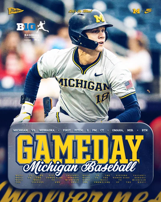 Michigan Baseball Gameday
Michigan vs. Nebraska, First Pitch 5pm CT, Omaha, Neb, Big Ten Network