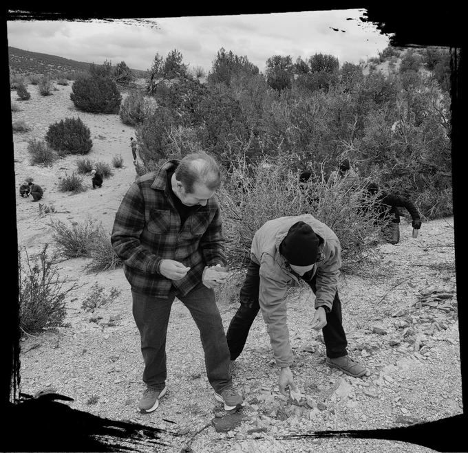 Roger Cunningham and the author examine an outcropping of Harding Sandstone, a shale bed of local fame for its well-preserved early vertebrate fossils (primitive fish plates like Astraspis and Eriptychius some of the oldest known at the time they were described in the 1890s), situated at the outer reach of Observer Ranch. Neither individual knew anything substantial about fossil hunting. Neither individual was successful in locating one. 