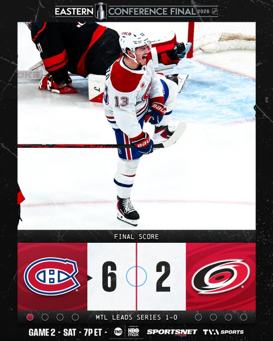 Final score: Canadiens defeat Hurricanes 6-2 (MTL leads series 1-0)