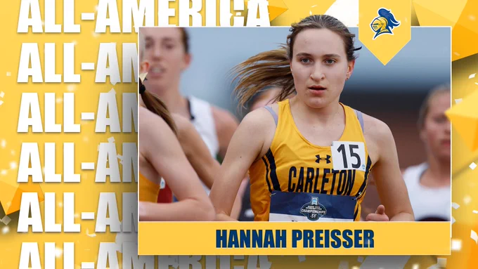 Hannah Preisser running at the NCAA Championships; text reads, "All-America"