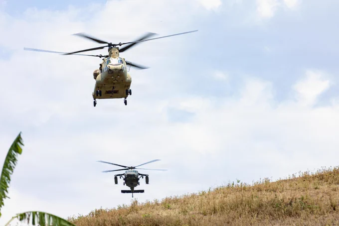 U.S. Soldiers assigned to Task Force Saber, 25th Combat Aviation Brigade, 25th Infantry Division, conduct a multinational air assault during the Joint Pacific Readiness Center Exportable Exercise at Fort Magsaysay, Nueva Ecija, Philippines, May 17, 2026.
