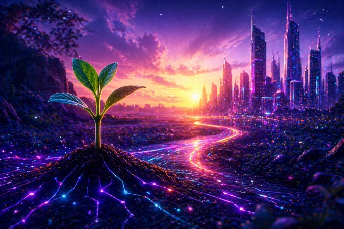 Futuristic digital illustration of a small plant growing from glowing neon circuitry with a vibrant city skyline in the background, symbolizing slow, meaningful progress and long-term growth for Kinny List, a Solana-powered Web3 marketplace focused on sustainable crypto development and real-world value.