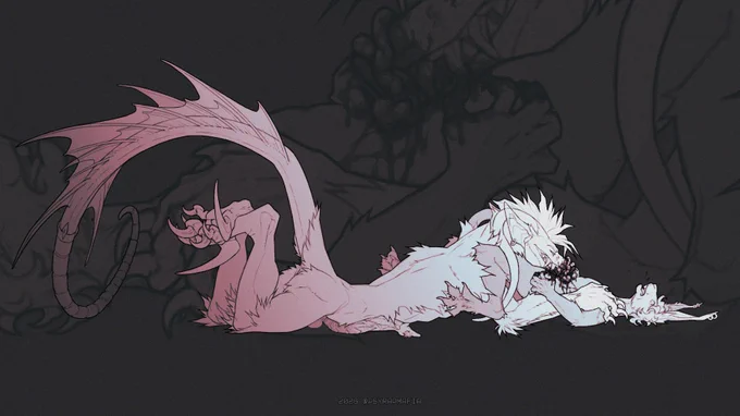 A grayscale erotic drawing of a psychoraptor in masterform laying on his belly with his feet hiked up and clawed toes intertwined - he is pinning down a living anthro lagomorph on their back with his hands while his jaw tears at their guts, shovelling some innards out with his snout. The victims legs are on either side of the predators shoulders, and their hands seem caked in their own blood. Meanwhile, the psyraps large erection can be seen casually pressed against the floor, semi pinned by his lower body. Additionally, the end of his tail seems to be prosthetic.