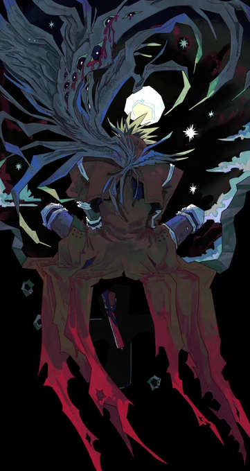 trigun maximum fanart of vash the stampede, in color. he sits at the center of the canvas, along the edges of a broken building, facing the blown up moon, the hole forming a halo-like shape over his head. from the center of his back, his wings sprout out messily in both directions, but mostly towards the left and up, curling around the top of the canvas. eyes form alongside the wings, crying bloodied tears. his coattails hang off the edge, drifting to the right, the saturation deepening at its ends, making the red feel more sinister. at the center of the broken building is a hallowed out cross shape and through the hole, vash’s left hand holding his gun can be seen.