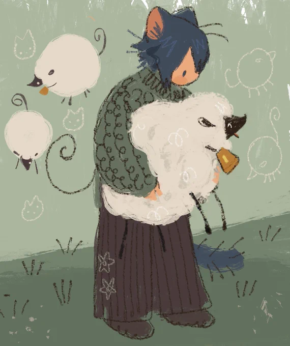 cat boy shepherd holding a sheep
