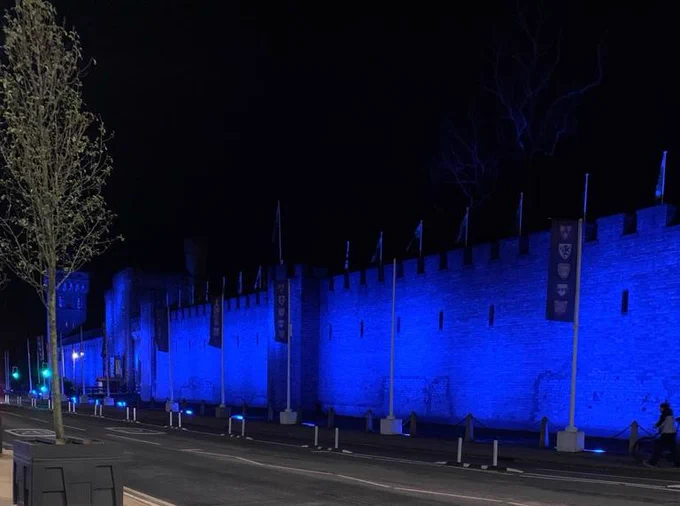 Cardiff castle wall illuminated in bright blue light at night, with flags and a tree visible.