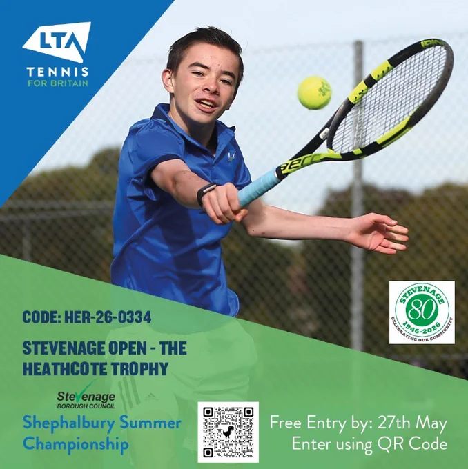 Stevenage Open Heathcote Trophy tennis competition. Enter by 27 May.