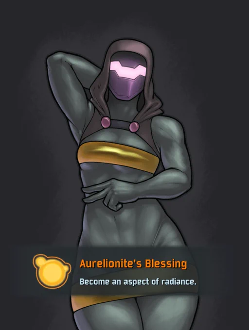 "Aurelionite's Blessing"
"Become an aspect of radiance."
Railgunner from Risk of Rain 2 in a golden tube top thing, skinny muscular woman, small boobs.