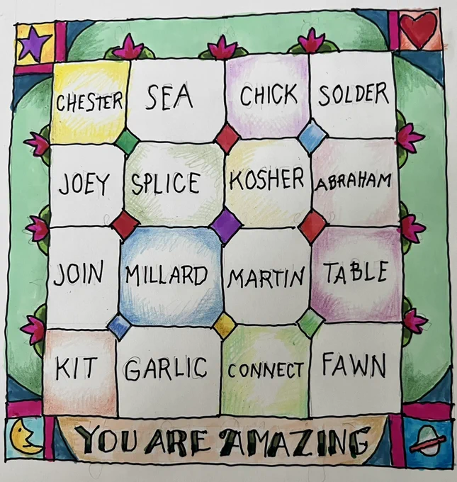 This is a hand drawn connections– type puzzle with 16 squares, arranged in rows of four squares each. The words in the 16 squares are Chester, sea, chick, solder, joey, splice, kosher, Abraham, join, Millard, Martin, table, kit, garlic, connect, fawn