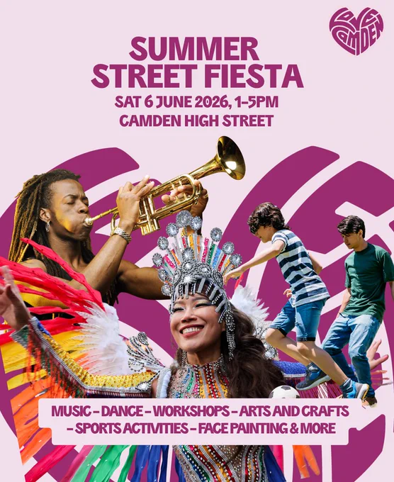 Summer Street Fiesta - a picture of a man playing the saxophone, a lady in a carnival outfit and young boys playing football.