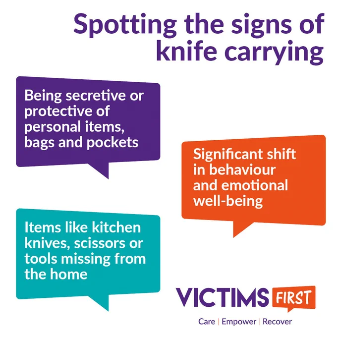 Graphic reads "Spotting the signs of knife carrying". Three purple, orange and green speech bubbles read "Being secretive or protective of personal items, bags and pockets", "Significant shift in behaviour and emotional well-being" and "Items like kitchen knives, scissors or tools missing from the home". The Victims First logo sits in the bottom right hand corner.