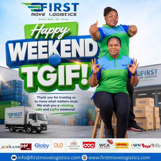 🎉🌍 Happy Weekend from First Move Logistics!

As another week comes to a close, we want to say thank you for trusting us to move what matters most.

Every shipment, every partnership, and every destination reached is made possible because of your continued confidence in our team.

This weekend, take time to recharge, celebrate progress, and enjoy the moments that matter.

💙 Thank you for choosing First Move Logistics
💚 Wishing you a relaxing, safe, and joyful weekend
🚛 Ready to move again when you are

Every Move, Our First.

🌐 Connect with us
🌍 www.firstmovelogistics.com
📧 info@firstmovelogistics.com

🔗 Our Social Handles.

First Move Logistics
Facebook : https://www.facebook.com/firstmovelogistics
Instagram : https://www.instagram.com/firstmovelogistics
LinkedIn : www.linkedin.com/company/first-move-logistics
Twitter/X : https://x.com/FirstMoveLog
YouTube : https://youtube.com/@firstmovelogisticsfml?si=P-EHSC7J_T-mqxfr

FML Trading
Facebook : https://www.facebook.com/share/1C