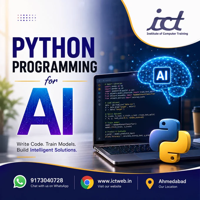 🚀 Master the Future with Python Programming for AI! 🤖🐍

Looking to build a successful career in Artificial Intelligence, Machine Learning, Data Science, or Automation? Join the advanced Python Programming for AI Training at ICT (Institute of Computer Training) Ahmedabad and learn industry-ready skills with real-time practical projects.

📍 Location: South Bopal, Ahmedabad
📞 Call Now: 9173040728
🌐 Website: www.ictweb.in

💡 Upgrade your skills. Build intelligent applications. Create your future with AI.

#Python #PythonProgramming #ArtificialIntelligence #ict_ahmedabad #ict_bopal #southbopalahmedabad