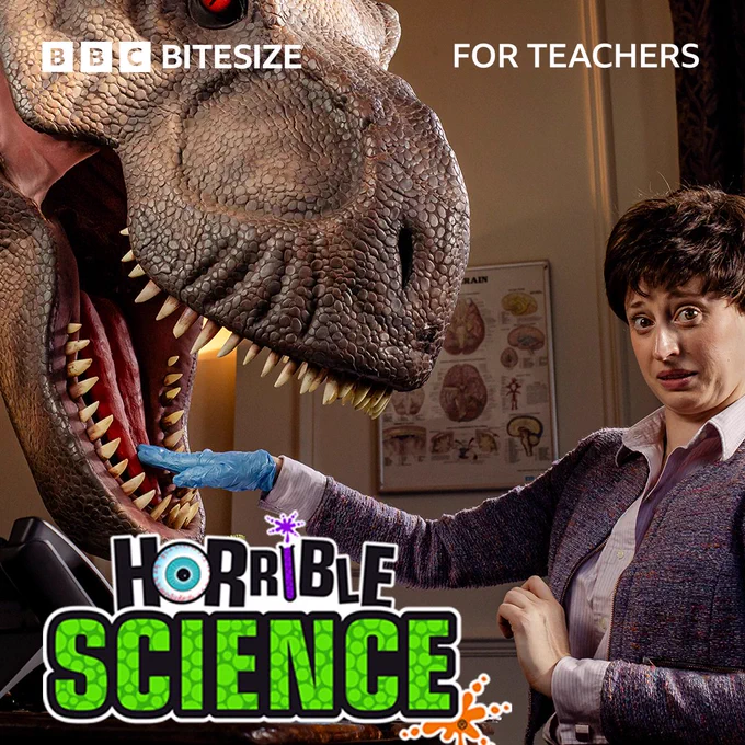 A nervous-looking woman with short dark hair, and wearing a brown shirt and cardigan, has her medical gloved hand tentatively placed inside the open mouth of a huge T-rex model.