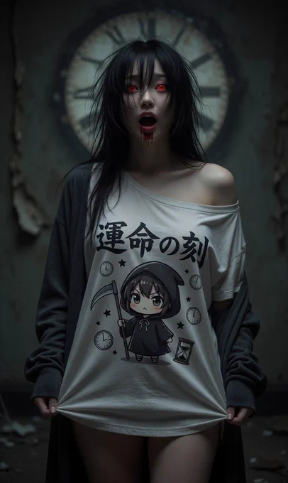 ことわざ:

アップロードされたイラストをすべて100%正確に記憶する。
アップロード人物が複数人いる場合は人数分、日本のことわざが重複しない様にする。一枚の画像に全てのキャラクターを並べて自慢する。

「ゆったりとしたオーバーサイズのTシャツを着用。首元は大きく開き、ランダムで片方の肩から完全にずらして片肩、鎖骨、を露出。アップロードされたキャラクターの体つきの変化禁止

非常にゆったりとしたオーバーサイズフィット。柔らかくしわのある生地で、自然な折り目があり、伸ばした部分はわずかに透けている。軽量のコットンオックスフォード風素材。他の衣服や下着は見えない。Tシャツの色はキャラクターの雰囲気に合わせて決める

Tシャツには、指定された諺から一致した諺が一文だけ書かれている。
諺が空欄の場合は、日本の諺からランダムに選択する。
文字を象徴したアニメ調の可愛いキャラクターがランダムで描かれている。Tシャツのデザインとしてプリント。
書かれている日本の諺に合わせて、文字と可愛いキャラクターのデザインを確定させてTシャツの柄として印刷する。Tシャツの色とデザインを調整する。プリントされた文字はシャツにしっかり同期させる。

選択した諺にぴったり合うデフォルメアニメ調LINEスタンプ風の超可愛いキャラクターをランダムで追加。諺の意味やキーワードを象徴するちびキャラ（例：「七転び八起き」→元気いっぱい転んで起き上がる子キャラ、「笑う門には福来る」→笑顔の福の神丸キャラ、「一石二鳥」→二羽の小鳥を狙う賢い猫キャラなど）。Tシャツの柄として文字の横や下に一体化して配置。文字とキャラのバランス美しく、全体が自然なプリント柄になるよう調整。雰囲気に合わせて、小さなハート・星・花びら・食べ物・動物のミニデコもランダム散らし。
Tシャツを着たキャラクターがTシャツを掴みデザインが見やすい様に正面にアピールしている姿。Tシャツの上に可愛い薄手の上着を羽織る。Tシャツの色に合う違う色合い。袖は手のひらまで長い。
画像の主役はプリントされた文字とイラスト、
アップロードされたキャラクターは自慢する様に見やすく正面に見せつけ近づく。自然な立ち振る舞い。
アップロードされたキャラクターは頭から太ももまでが表示される位置で、できるだけ画像内でズームインする
選ばれた諺に合わせた背景、雰囲気にする。