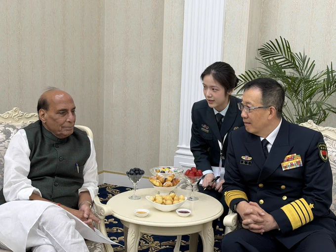 India’s Defence Minister Rajnath Singh and China’s Defence Minister Admiral Dong Jun met on the margins of the SCO Defence Ministers’ Meeting in Bishkek, Kyrgyzstan, on April 28, 2026. Source: Official X Handle/Rajnath Singh