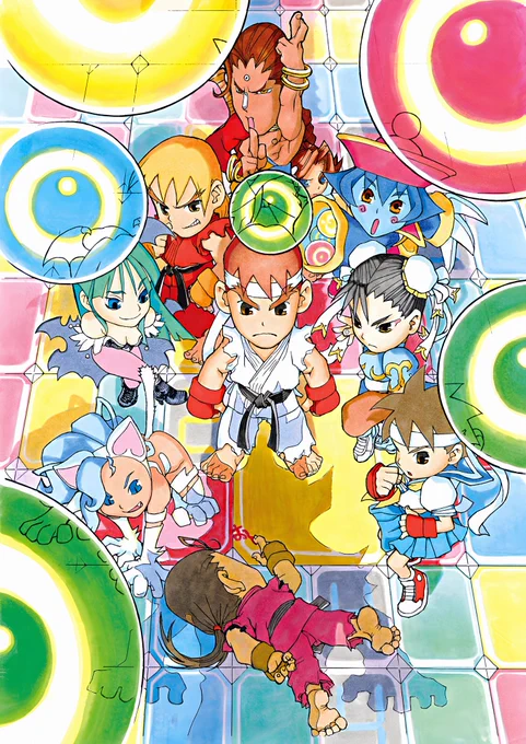 Super Puzzle Fighter II Turbo X clean artwork by Daigo Ikeno used on the cover of the Japanese Sega Dreamcast release. Image depicts chibi versions of Street Fighter and Darkstalkers characters which include Ryu, Ken, Chun-Li, Morrigan, Hsien-Ko, Donovan, Sakura, Felicia, and Dan in different poses. They're all standing on a colored tiled floor that represents the pieces in-game with some colored orbs scattered all around. Akuma's shadow can be seen on the bottom where Dan's lying on the floor writing something in blood with his right index finger.