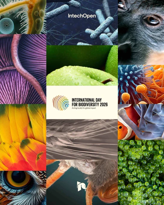 Collage of magnified organisms ranging from algae and microscopic life forms to insects, marine species, plants, and mammals, created from IntechOpen book covers to mark World Biodiversity Day.