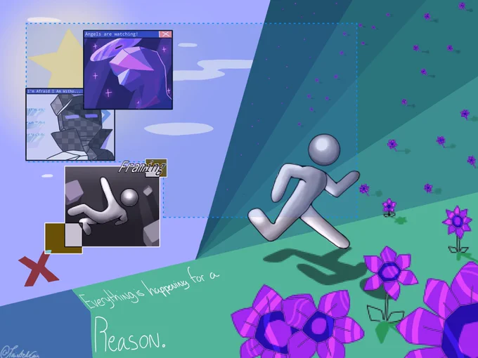 The picture attached is fanart of the upcoming Snaptic game, featuring the main protagonist, Anon, and several other characters shown in the trailer. The fanart contains several elements shown in game, such as purple "3d" flowers and the selection box puzzle. A dreamcore aesthetic is prevalent in this fanart, giving is a (hopefully) surreal vibe.

The artwork also contains several texts that will be displayed below for convenience:
"Framing"
"Angels are Watching!"
"I'm Afraid I am Without..." (The text purposefully trails off here)
"Everything is happening for a reason." 