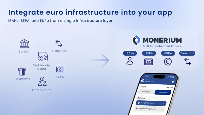 Visual presentation of Monerium's euro infrastructure integration service for apps, featuring IBANs, SEPA, and EURe. It highlights the connection between banks, payments, stablecoins, SEPA, and transfers with Monerium.