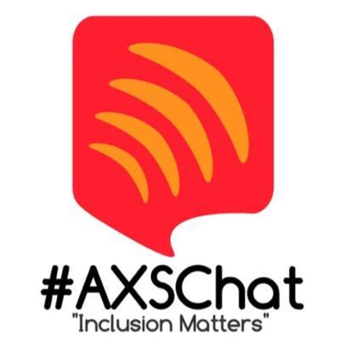 A red speech bubble with three orange curved lines inside, resembling sound waves. Below, the text reads "#AXSChat" with the tagline "Inclusion Matters.