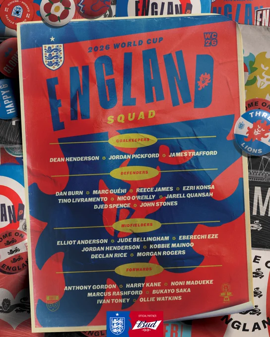 Goalkeepers: Dean Henderson (Crystal Palace), Jordan Pickford (Everton), James Trafford (Manchester City)
 
Defenders: Dan Burn (Newcastle United), Marc Guéhi (Manchester City), Reece James (Chelsea), Ezri Konsa (Aston Villa), Tino Livramento (Newcastle United), Nico O'Reilly (Manchester City), Jarell Quansah (Bayer Leverkusen), Djed Spence (Tottenham Hotspur), John Stones (Manchester City)
 
Midfielders: Elliot Anderson (Nottingham Forest), Jude Bellingham (Real Madrid), Eberechi Eze (Arsenal), Jordan Henderson (Brentford), Kobbie Mainoo (Manchester United), Declan Rice (Arsenal), Morgan Rogers (Aston Villa)
 
Forwards: Anthony Gordon (Newcastle United), Harry Kane (Bayern Munich), Noni Madueke (Arsenal), Marcus Rashford (Barcelona, loan from Manchester United), Bukayo Saka (Arsenal), Ivan Toney (Al-Ahli), Ollie Watkins (Aston Villa)