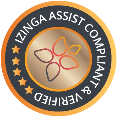 Circular badge-style logo with a gold-to-bronze gradient center and a dark charcoal outer ring. The outer ring contains white uppercase text reading “IZINGA ASSIST COMPLIANT & VERIFIED.” Five gold stars appear along the left side of the ring. The center features an abstract paw-like design made of five curved shapes in orange, red, and dark gray.