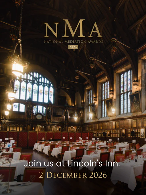 Ornate dining hall of Lincoln's Inn set for a banquet, promoting the National Mediation Awards 2026 at Lincoln's Inn on 2 December.