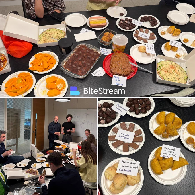 Bite Stream colleagues gathered around a table of labelled dishes from around the world at the annual International Potluck Lunch, celebrating World Day for Cultural Diversity 2026.