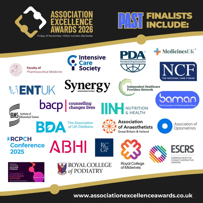 Promotional graphic for the Association Excellence Awards 2026, featuring logos of past finalists. The image highlights a professional and diverse group of associations.