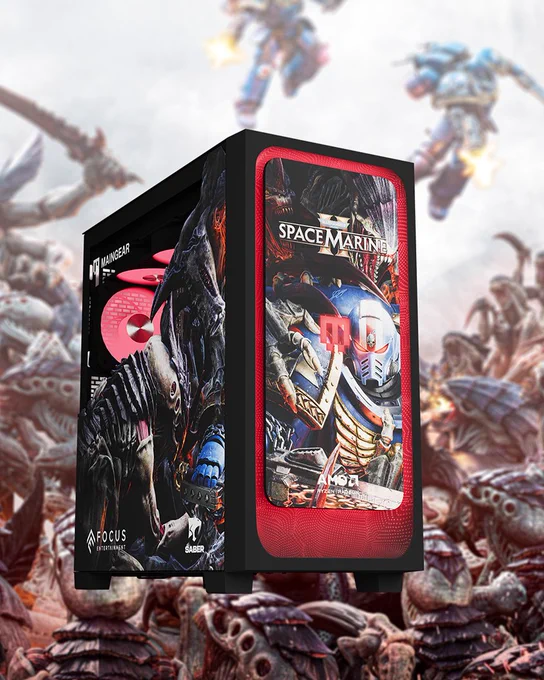 Gaming PC tower featuring detailed Space Marine 2 artwork from Warhammer 40K with vibrant red accents and AMD branding.