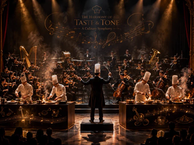 Orchestra and chefs perform together on stage under warm lights, blending music and culinary arts in The Harmony of Taste & Tone event.