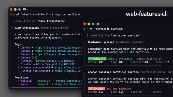 Two terminals with web-features-cli: wf "view transitions" -s bugs -s positions listing bugs and positions, and wf "container queries" showing Baseline Widely available since 2025-08-14.