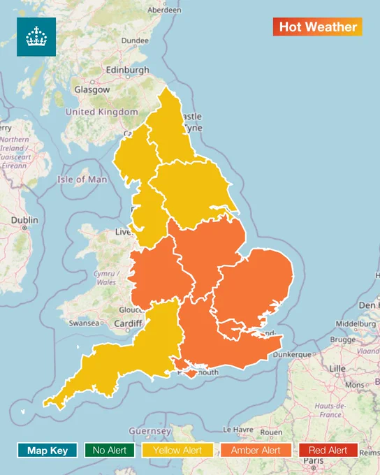Amber alert: East Midlands, East of England, London, South East and West Midlands. Yellow alert: North West, North East, South West and Yorkshire and the Humber.