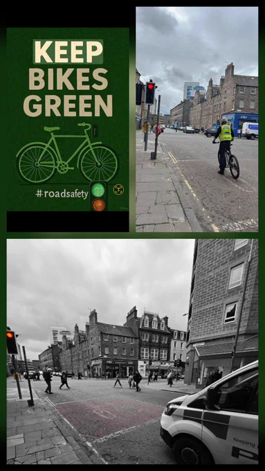 Collage of road safety graphics and street scenes featuring cyclists, pedestrians, an officer on a police pedal bike and a police van stopped at red traffic lights.