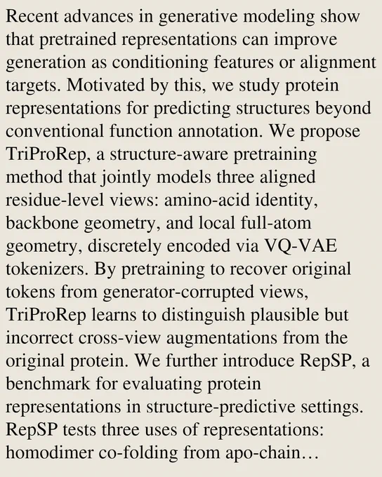 Recent advances in generative modeling show that pretrained representations can improve generation as conditioning features or alignment targets. Motivated by this, we study protein representations for predicting structures beyond conventional function annotation. We propose TriProRep, a structure-aware pretraining method that jointly models three aligned residue-level views: amino-acid identity, backbone geometry, and local full-atom geometry, discretely encoded via VQ-VAE tokenizers. By pretraining to recover original tokens from generator-corrupted views, TriProRep learns to distinguish plausible but incorrect cross-view augmentations from the original protein. We further introduce RepSP, a benchmark for evaluating protein representations in structure-predictive settings. RepSP tests three uses of representations: homodimer co-folding from apo-chain representations, residue-level prediction of homodimer-derived interaction properties, and representation-aligned monomer structure pre