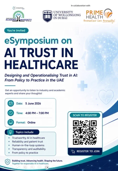 A digital flyer for an online symposium about AI trust in healthcare, scheduled for June 5, 2026. Hosted by the University of Wollongong in Dubai and partners.
