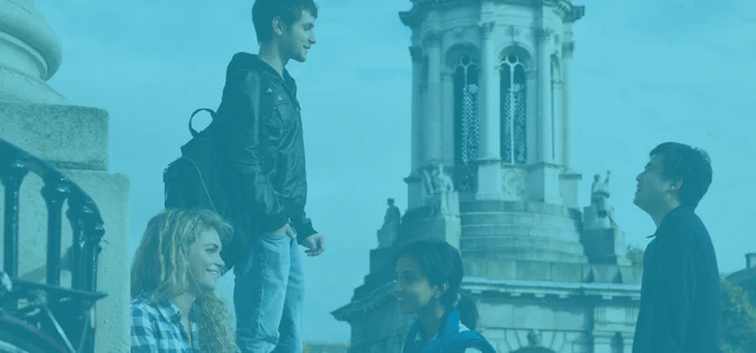 Students in conversation on Trinity's campus.