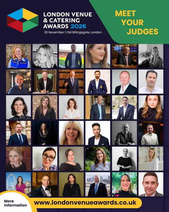 A collage of judges for the London Venue & Catering Awards 2026, featuring multiple portraits with colorful text overlay. The mood is professional and celebratory.