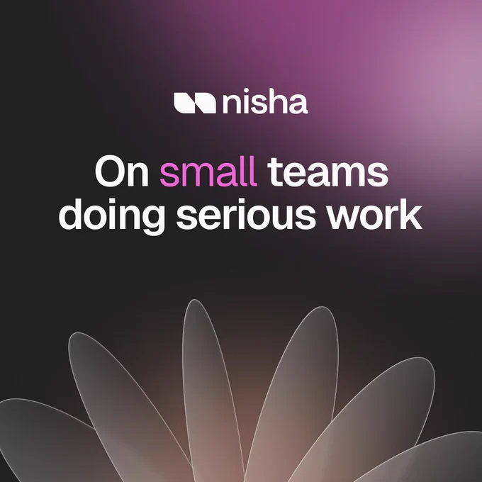 A modern design featuring the text "On small teams doing serious work" with a gradient background and subtle floral elements.