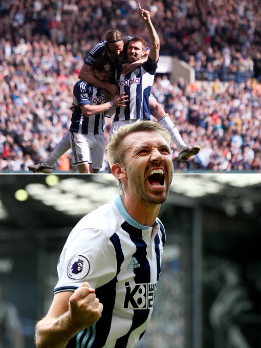 Gareth McAuley celebrating in Albion colours.