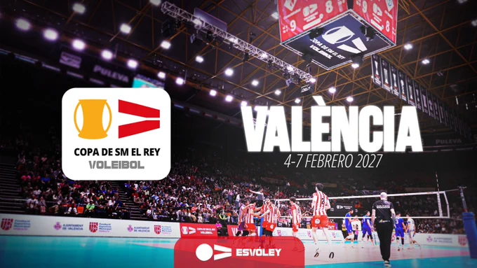Cartell promocional de la Copa del Rei de Voleibol 2027. La imatge mostra un partit de voleibol en plena acció a la Fonteta, amb les graderies plenes de públic i els focus del pavelló il·luminant la pista. En primer terme apareixen jugadors celebrant una acció mentre l’equip rival espera a l’altra banda de la xarxa. Sobre la imatge destaca el text gran “VALÈNCIA” i les dates “4-7 FEBRERO 2027”. També apareix el logotip oficial de la competició i el distintiu d’ESVÓLEY.