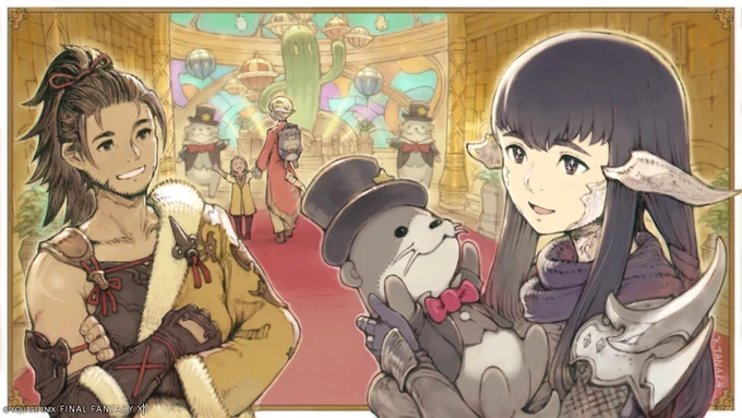 A Final Fantasy 14 illustration for the Make It Rain Campaign 2026 showing Hien and Yugiri in the Manderville Gold Saucer. Hien has his arms crossed and is smiling at Yugiri, who is holding an otter plush. Behind them are two characters, one of who has an otter backpack on her back. In the background is the Sabotender Emperador statue and two otter mascots.