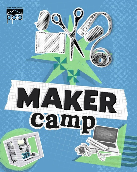 Illustration of sewing tools including scissors, measuring tape, and thimbles above bold text 'MAKER camp' on a blue background with green star shapes.