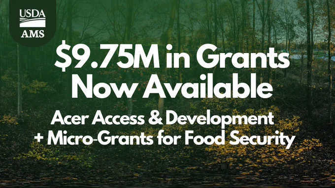 The image features a wooded background with the USDA and AMS logos at the top left. The text reads: "$9.75M in Grants Now Available. Acer Access & Development   Micro-Grants for Food Security."