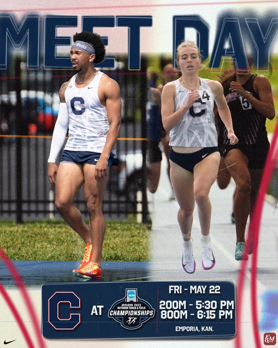 Graphic depicting Catawba Track & Field's meet day at the DII National Championships in Emporia, Kan. Pictured is Miles Stephens and Eden Barnwell.