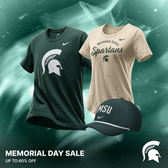 Michigan State Memorial Day sale graphic featuring Spartan Nike shirts and an MSU hat with text reading “Up to 60% Off.”